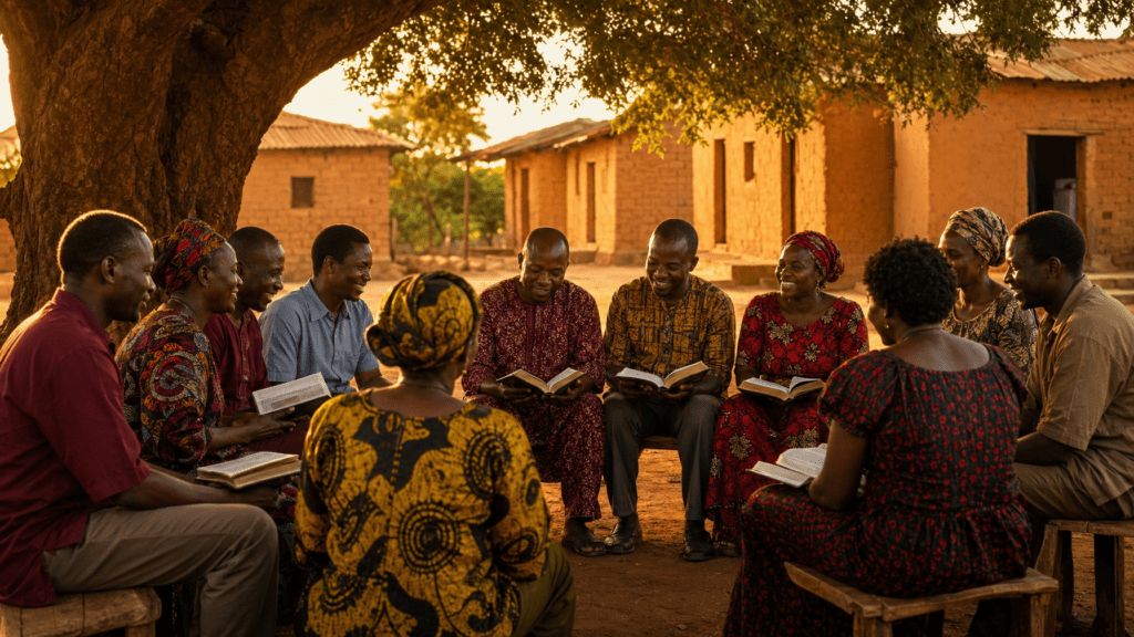 African believers gathered in a circle for a Discovery Bible Study group outdoors under a tree