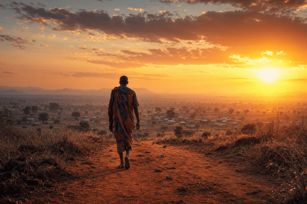 A lone man walking along a dusty red path in Africa at golden hour, symbolizing being sent as an outside catalyst for disciple-making movements