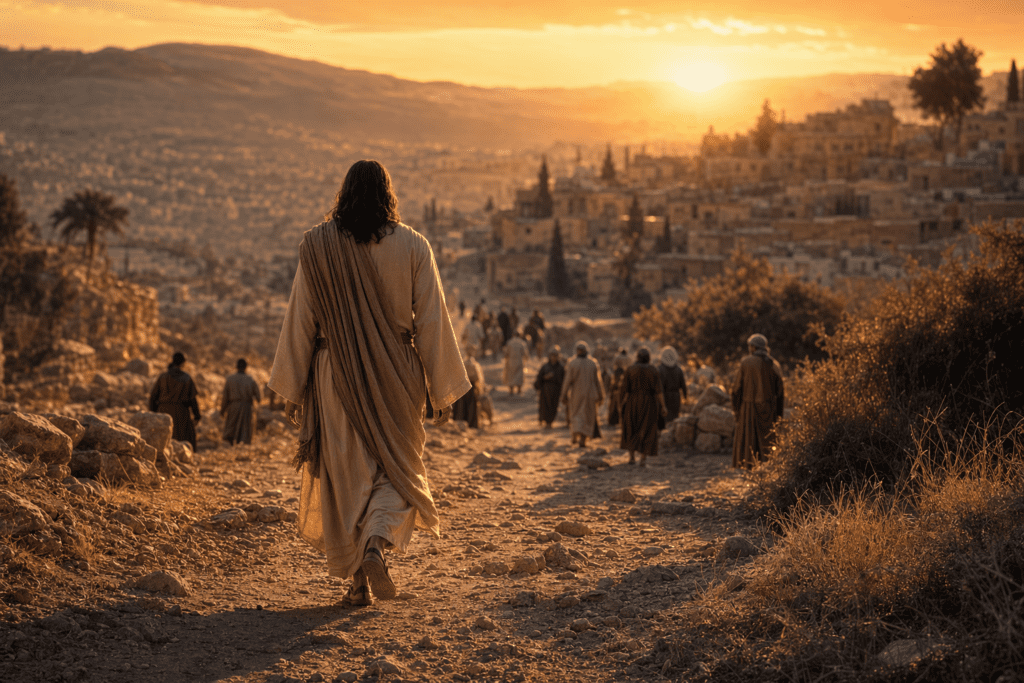 Jesus walking on a dusty road toward a village at golden hour, symbolizing being sent as the first outside catalyst