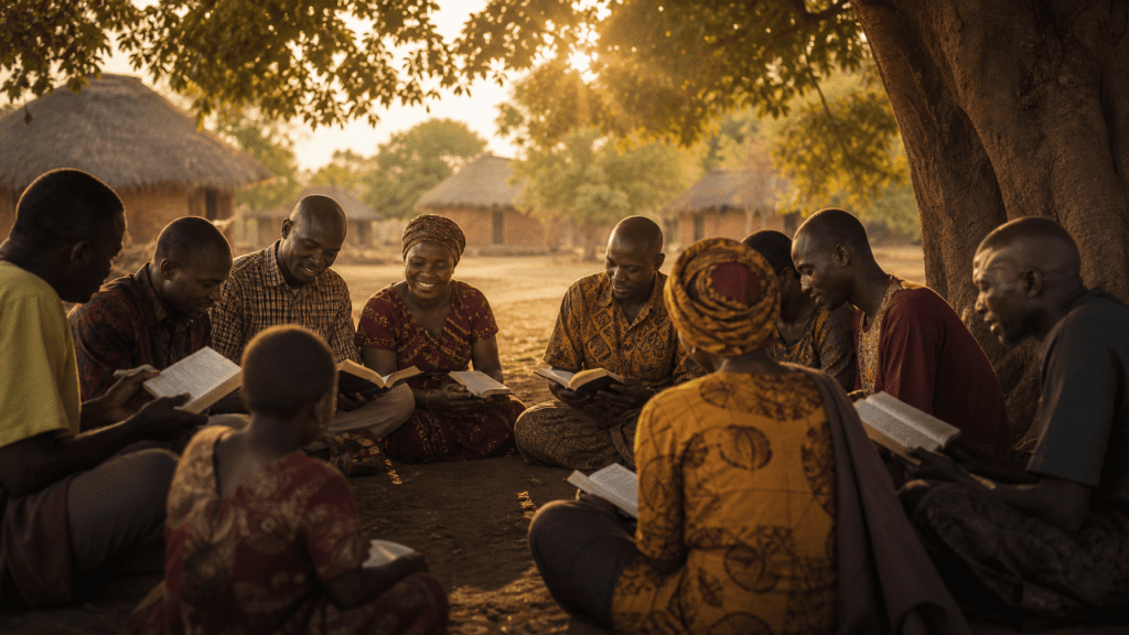 African believers gathered in a small group studying the Bible together under a tree