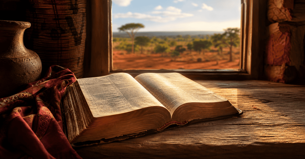 Open Bible on wood table with African landscape in background