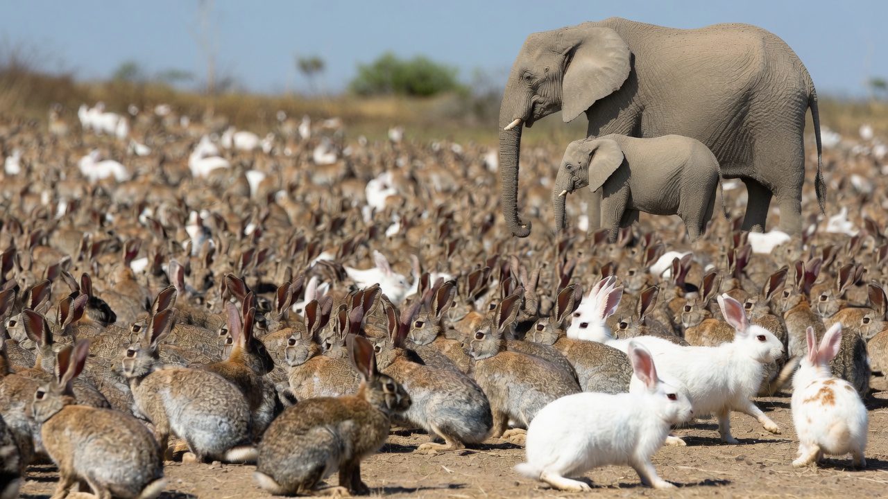 One elephant and calf stand above a vast field of multiplying rabbits, a picture of slow addition versus rapid multiplication